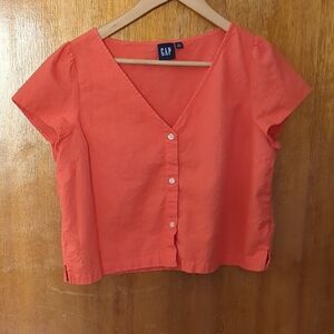GAP Women's Orange Linen Blend Cropped Button-Up Top
